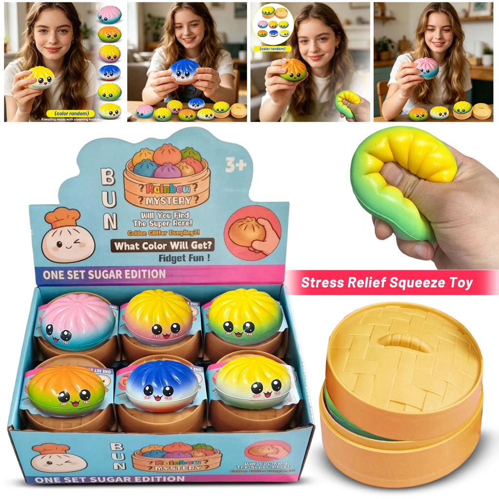 12 Piece Slow Rising Bun Toy Set with Two Expressions and Steamer Display Box for Stress Relief and Sensory Play