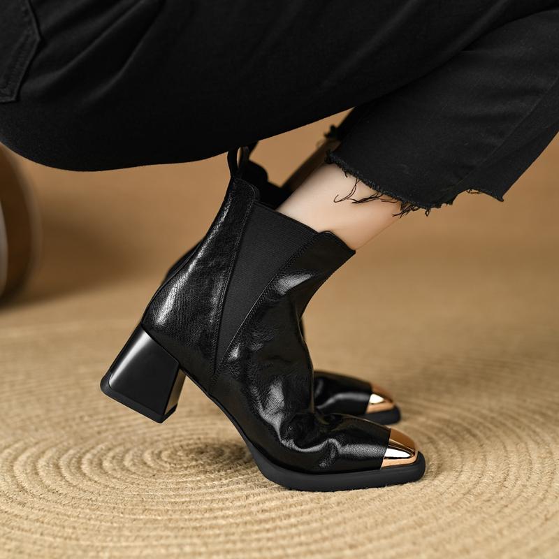 Fashion Women's new autumn square toe leather sheepskin metal high-heeled plus size and calf elastic retro fashion short boots