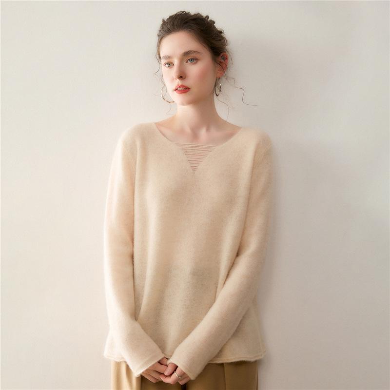 Lekasha Women's Long-Sleeve Cashmere V-Neck Knitwear - Autumn Old Money Style