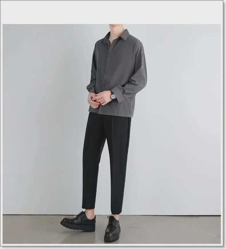 Men's Summer Ice Silk Long Sleeve Black & Gray Casual Shirt - Wrinkle-Free, Loose Fit