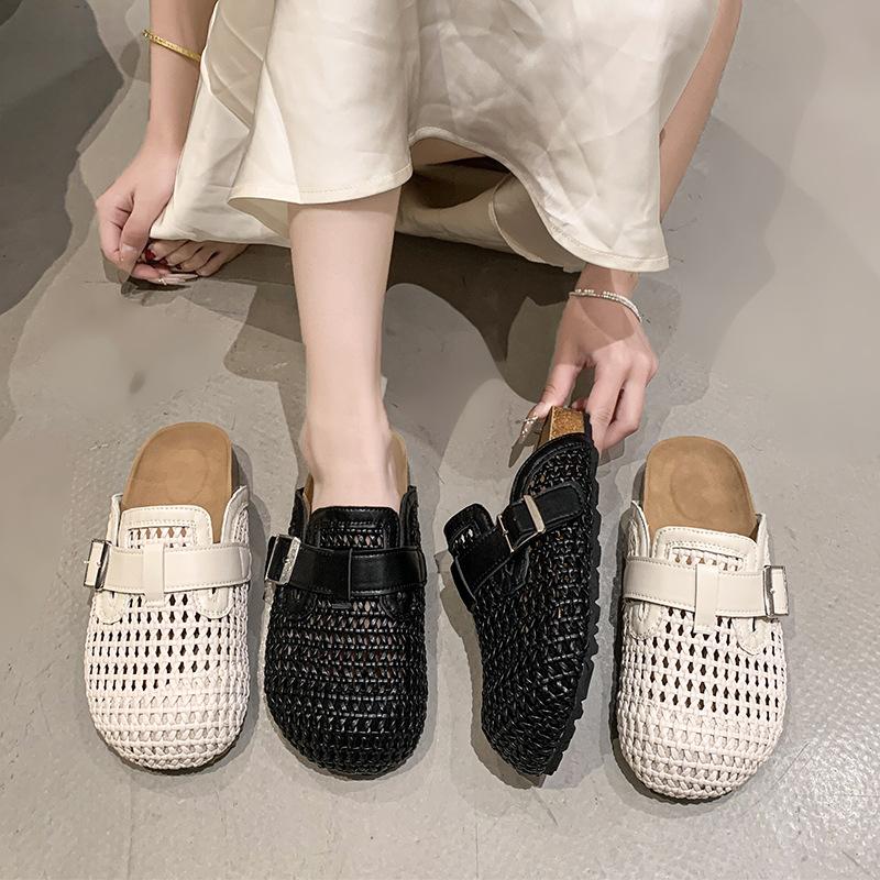 Baotou halvtofflor dam sommar 2025 nya enpedal damskor vävda tofflor Muller lata platåsandaler