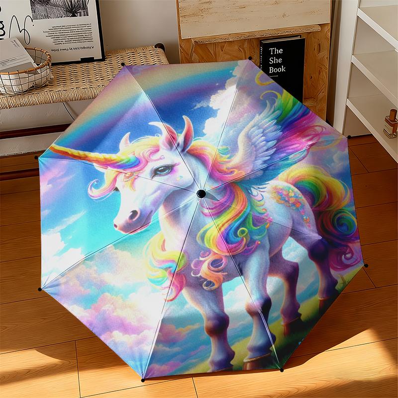 1pc Dreamy Rainbow Unicorn Umbrella Portable Folding Umbrella Iron Frame Hole Bone Structure Outdoor Home Umbrella