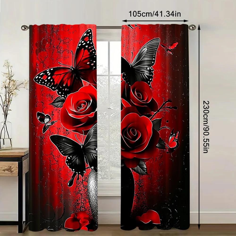 Perdele Moderne 2 Buc. Imprimeu Trandafir Roșu și Fluture Pentru Dormitor Birou Adaugă o Notă de Eleganță și Mister Interiorului_ai9