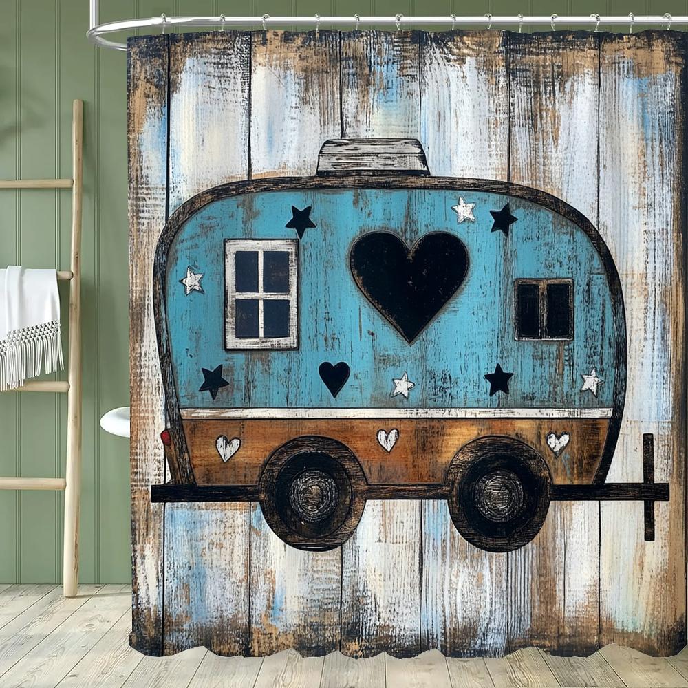 Zasłona prysznicowa do kampera Happy Camper Przyczepa Samochód Kamper Rv Las Góry Namiot Camping Łazienka Zasłona prysznicowa Wodoodporna Zasłona do wanny