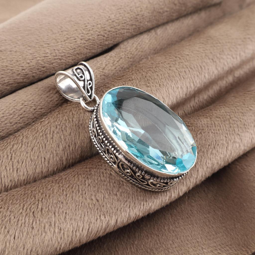 Sky Blue Topaz Gemstone 925 Sterling Silver Jewelry Designer Oval Pendant 1.8" For Birthday Gift PP-71-2