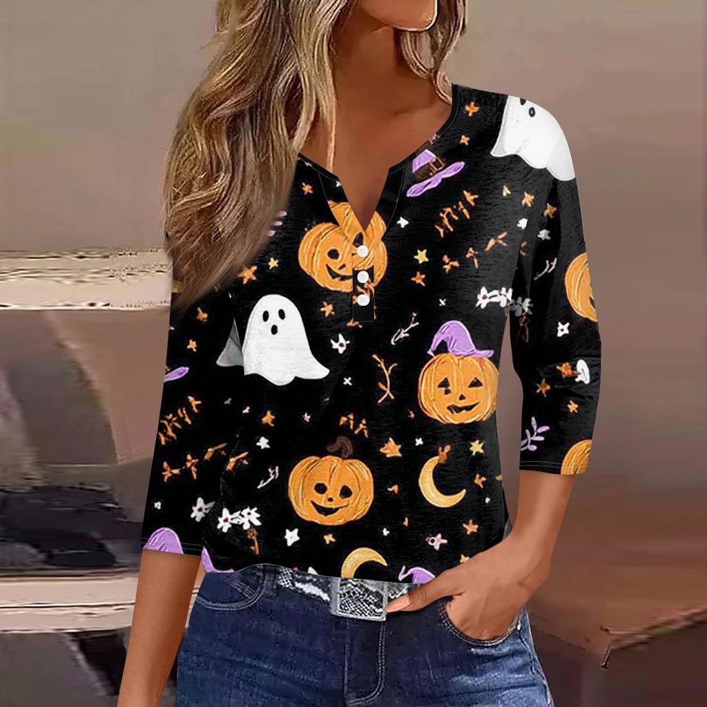Damen V-Ausschnitt Knopf Halloween Dreiviertelarm T-Shirt Top
