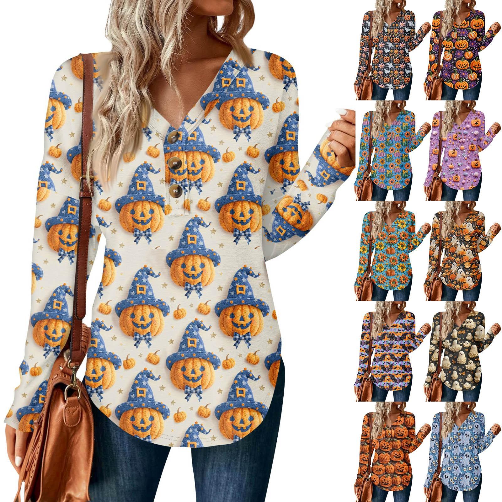 

Женский повседневный пуловер с V-образным вырезом и принтом на пуговицах на Хэллоуин M