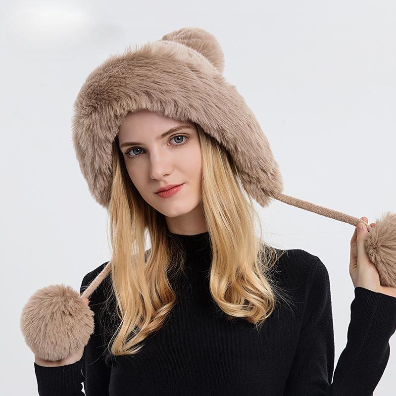 Autumn and Winter Women's Pullover Hat Three Hairballs Outdoor Thickened Velvet Cold-proof Warm Solid Color Knitted Hat