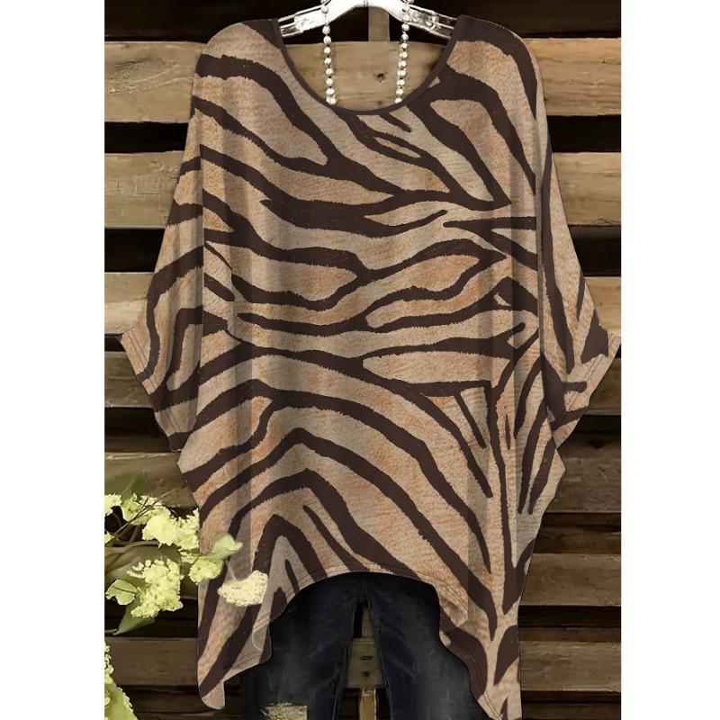 Zebra print women's large size short-sleeved T-shirt, irregular hem