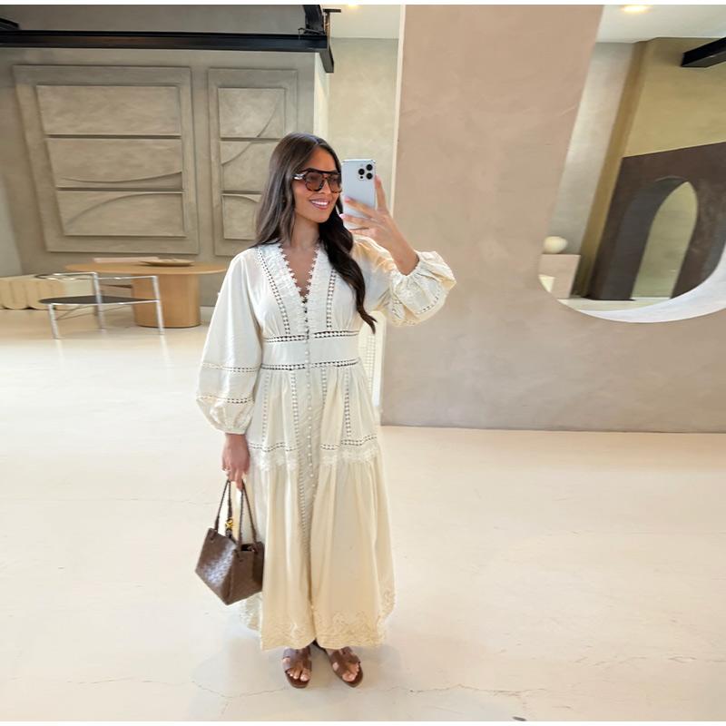 Elegant Lace Hollow Out Women's Long Dress Solid V-neck Patchwork Puff Sleeve Bodycon Dressess Female New Lady Robes