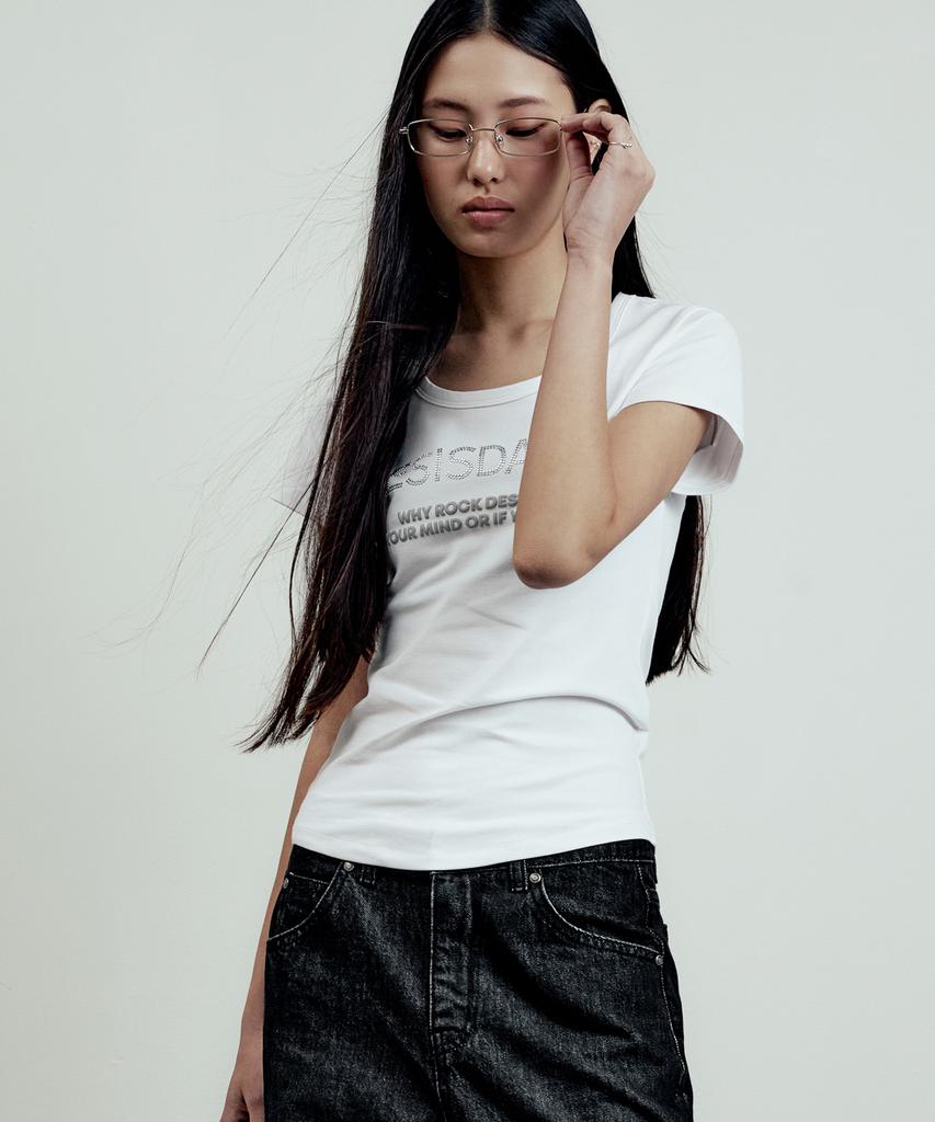 LMOOD WOMEN Jewel Trimmed Half T-Shirt White