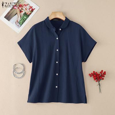 Women Casual Turn Down Collar Summer Loose Short Sleeve Blouse
