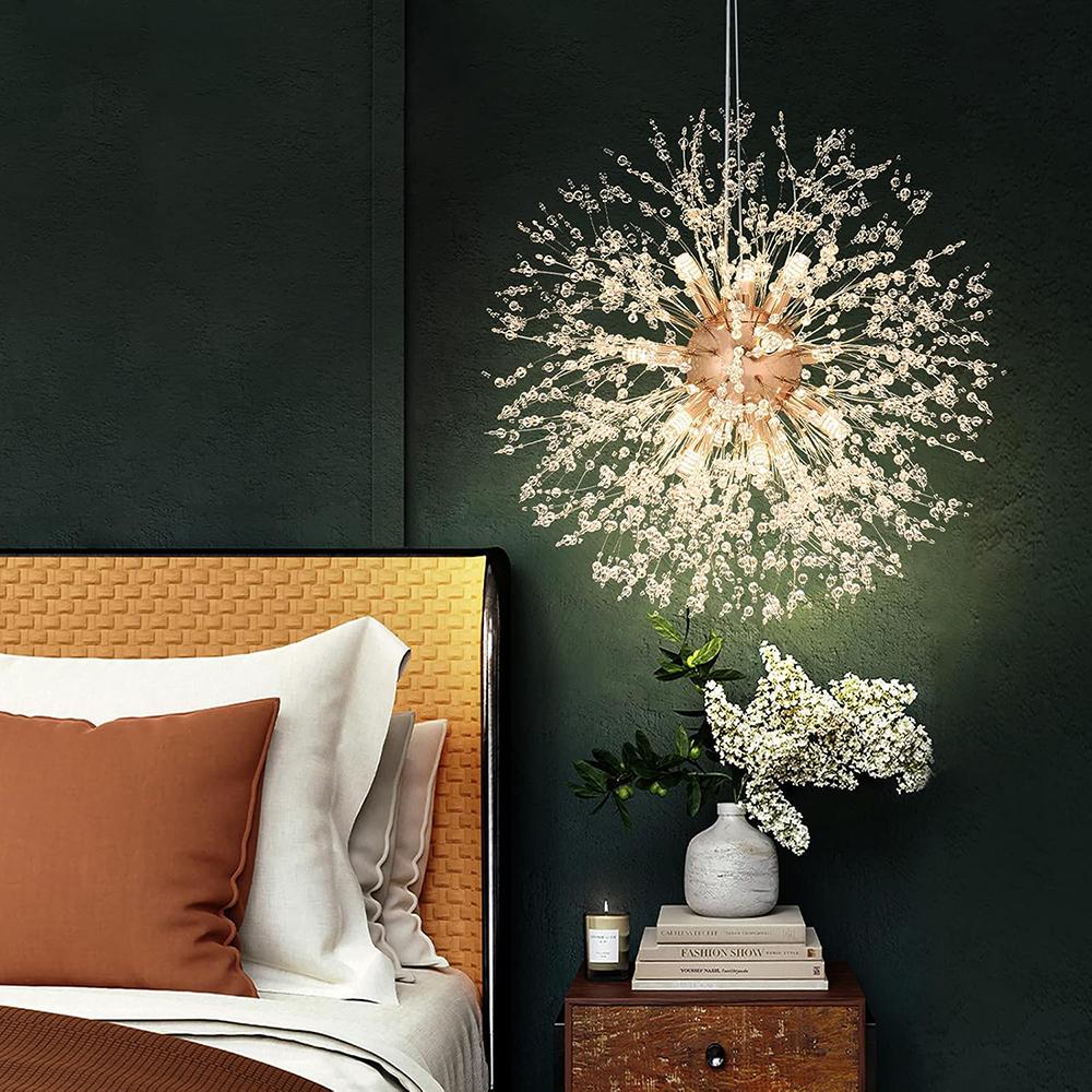 Modern Crystal Chandeliers Firework, Non-dimmable, 12-Light Gold Dandelion Sputnik Ceiling Light Fixtures, for Bedroom Living Room