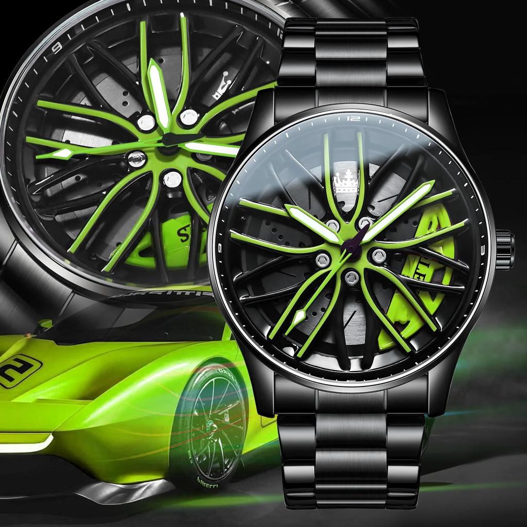 OLEVS Creative Wheel Men's Luxury Watch Waterproof Rotary Sport Car Rim Watch Luminous Fashion Quartz Wristwatches