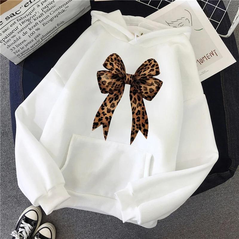 Bow Heart Love Leopard Print Hoodies Long Sleeve Funny Sweatshirts Streetwear Women's Casual Graphic Hooded Pullovers Clothes