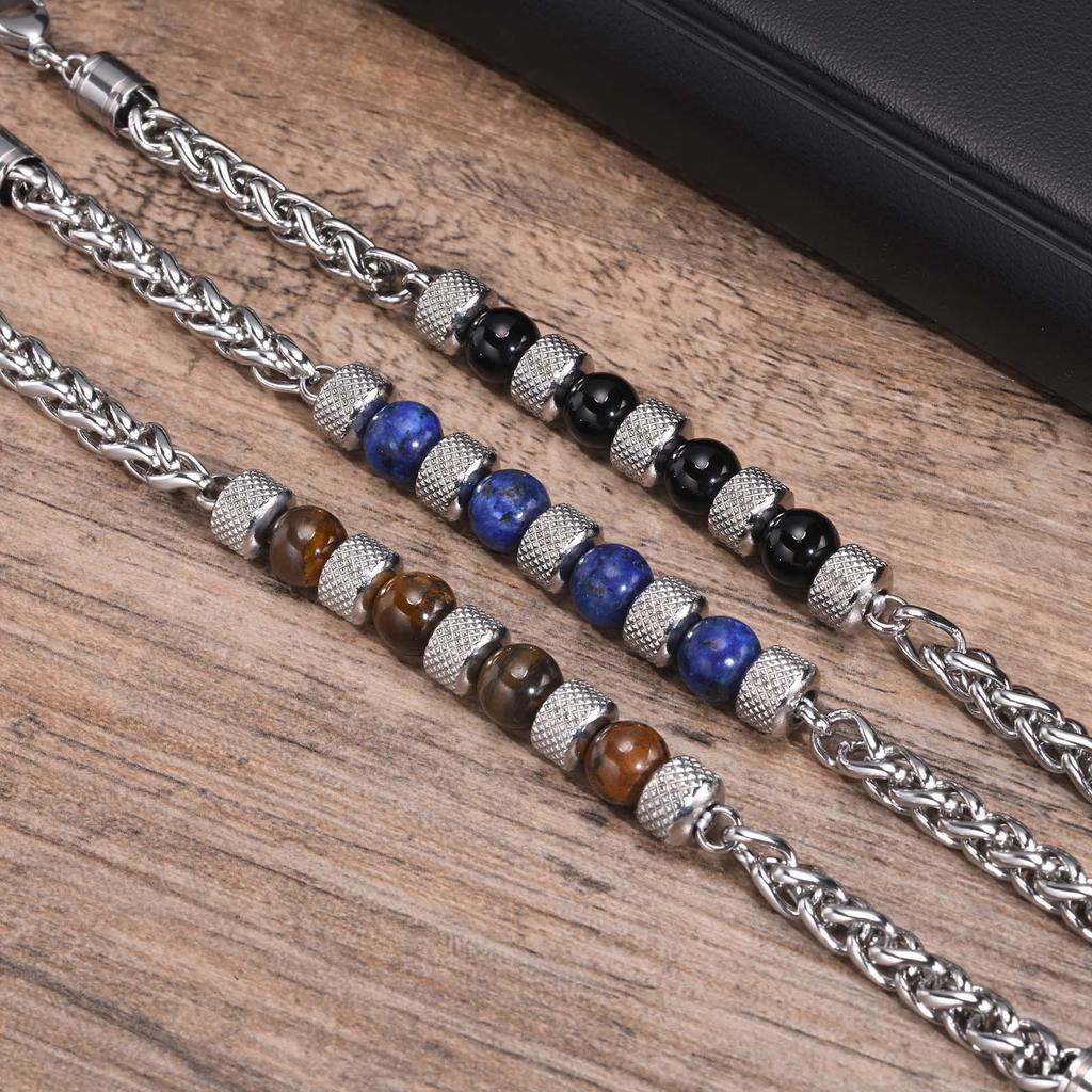 Herren Armbänder mit Perlen, Armband mit Gliedern aus Edelstahl und Natursteinen, Weihnachts- und Geburtstagsgeschenke für Papa, Ehemann, Sohn