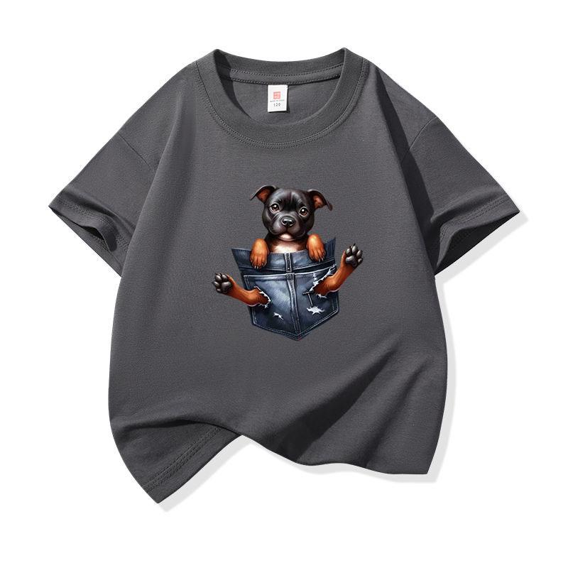 Kids Cotton T Shirt Adorable Pocket Staffordshire Dog Pattern Print Crew Neck Short Sleeve Tee Casual Boys Girls Summer Tops
