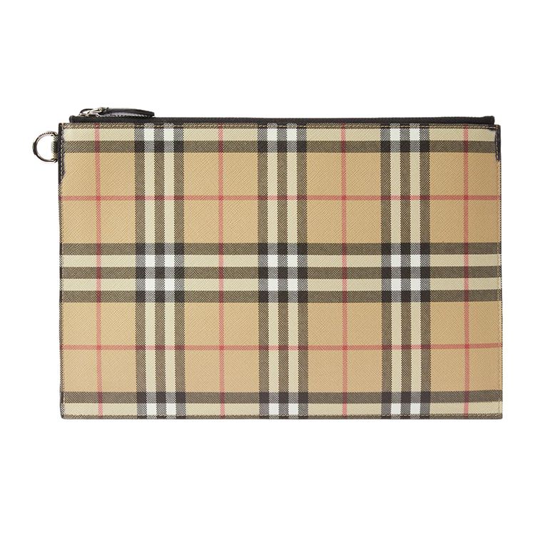 Burberry Detachable Strap Zipper Plaid Faux Leather And Cotton Clutch Bag Men clutch Beige 80656291