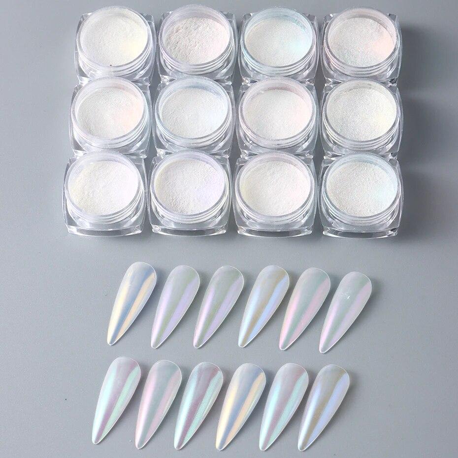12ks Aurora Neon Shimmer Třpytivý Ledový Svalový Nehtový Pigmentový Púder Jemný Chromový Vpilovací Prach Zrcadlový Lak Dekorace