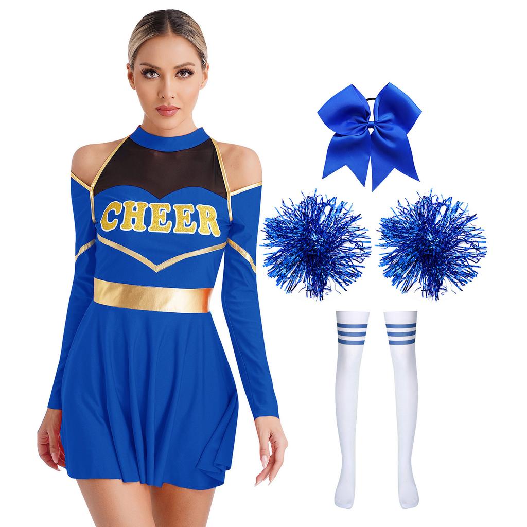 Complete Cheerleading Halloween & Performance Outfit for Women S-XXL: Cutout Dress with Accessories (Bow, Socks, Flowers)