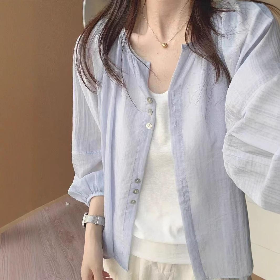 French Gentle Purple Tencel Linen Sunscreen Shirt Women s Summer Thin Outer Blouse Loose Lantern Sleeve Shirt Jacket S
