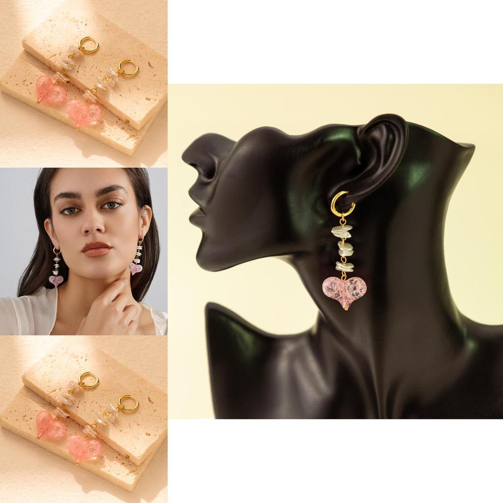 Chic Pink Heart Earrings With Faux Pearl Accents Long Statement Earrings For Stylish Ladies