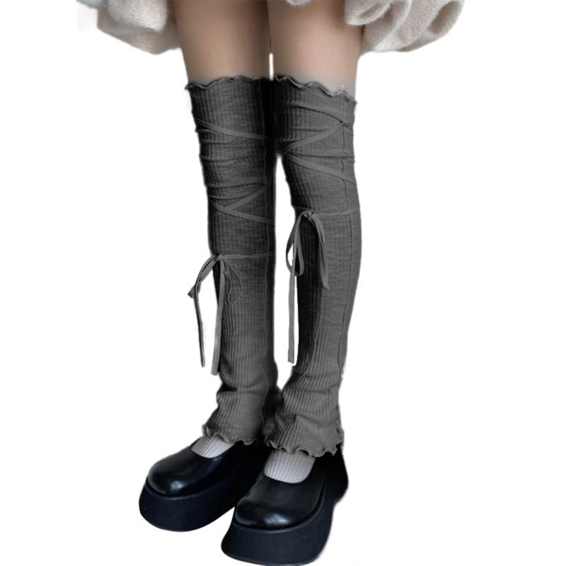 Japanese Ribbed Thigh High Leg Warmers Lace Up Bandages Over Knee Flared Leg Covers Ruffle Trim Footless Socks for Women