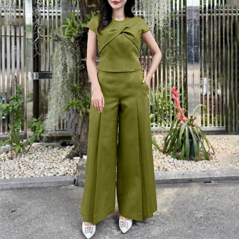 

ZANZEA Женская блузка с коротким рукавом и брюки Повседневные костюмы-двойки 5XL зелёный