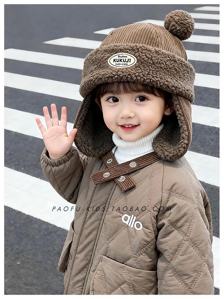 Children's Winter Hat with Fleece Lining, Windproof Corduroy Design, and Lambswool Ear Protection