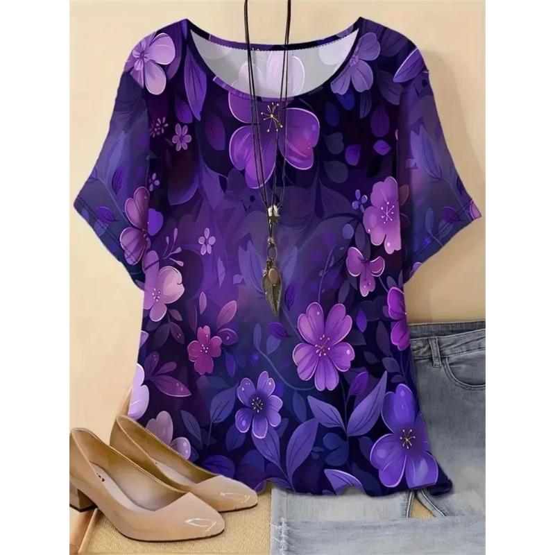 Fashion Women's Crew Neck Short Sleeve 3D Flower Color Printing Flower Short Sleeve Crew Neck T-Shirt