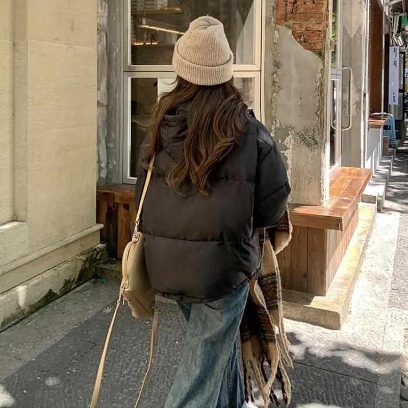 Damen Herbst- und Winterjacke Einfarbig Kapuze Kurz Locker Verdickt Winddicht Studentenjacke Damenjacke 5 Farben