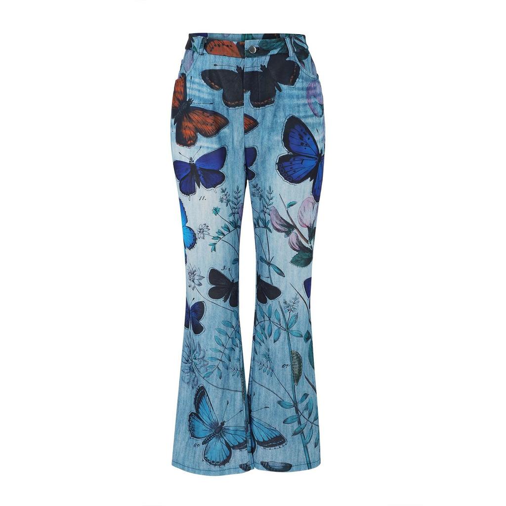 2023 Plus Size European & American Butterfly Faux Denim Micro-flare Pants