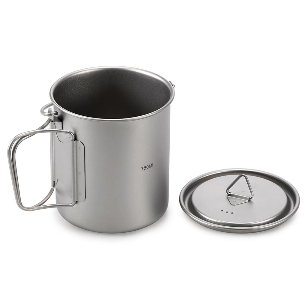 Ultraleichter 750ml Titan Topf Tragbarer Titan Wasserbecher Tasse mit Deckel und Klappgriff Outdoor Camping Kochen