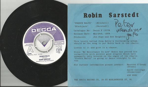 

7inch Record ROBIN SARSTEDT - French Waltz F13778PROMO Decca 1978 UK Rock Used