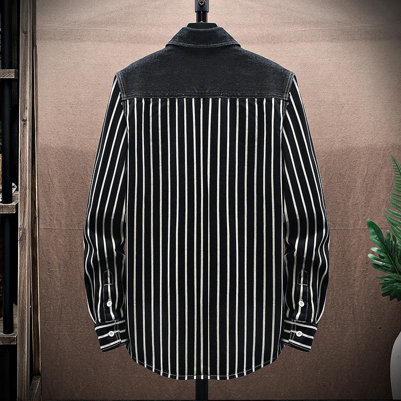Spring and Autumn Striped Jacquard Denim Shirt Men's Loose Thickened Casual Coat