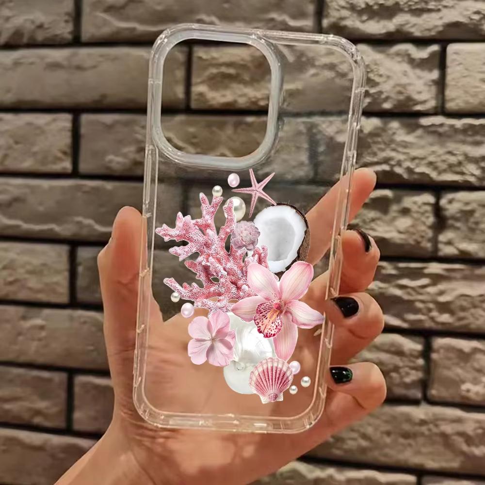 Pink Ocean Orchid Pattern Clear Phone Case for IPhone 17 Air 11 12 13 14 15 16 Pro Max 14 15 Plus XS X XR Shockproof Soft Cover