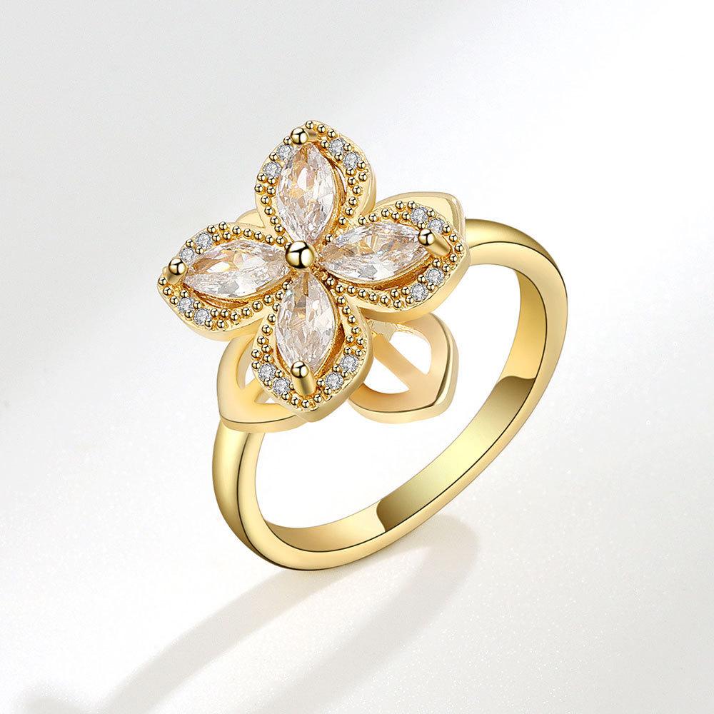 Geometric Flower Zircon Adjustable Ring For Women With Electroplated Copper Hand Jewelry