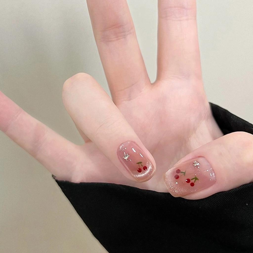 Spring and summer new cat's eye French cherry wearing armor white short cute three-dimensional cherry nail patch nail piece