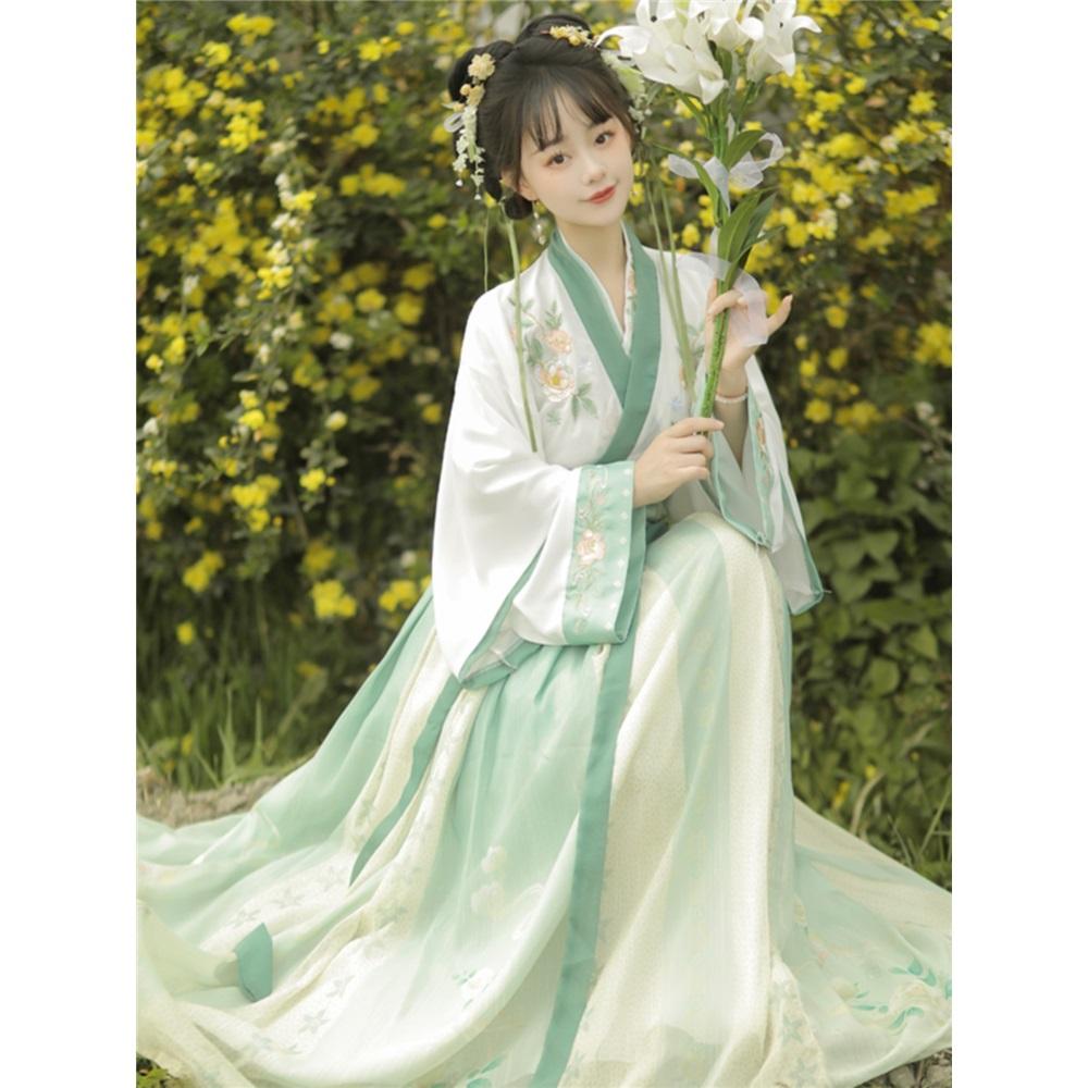 Chinese Original Hanfu Daily Suit Of Wei And Jin Dynasty Style Embroidered Cross-neck Waist-length One-piece Skirt Daily Suit Of Wei And Jin Dynasty