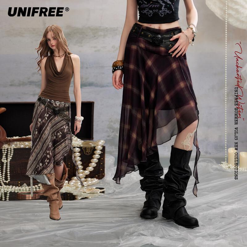 UNIFREE Retro Plaid A-Line Midi Skirt with Belt M
