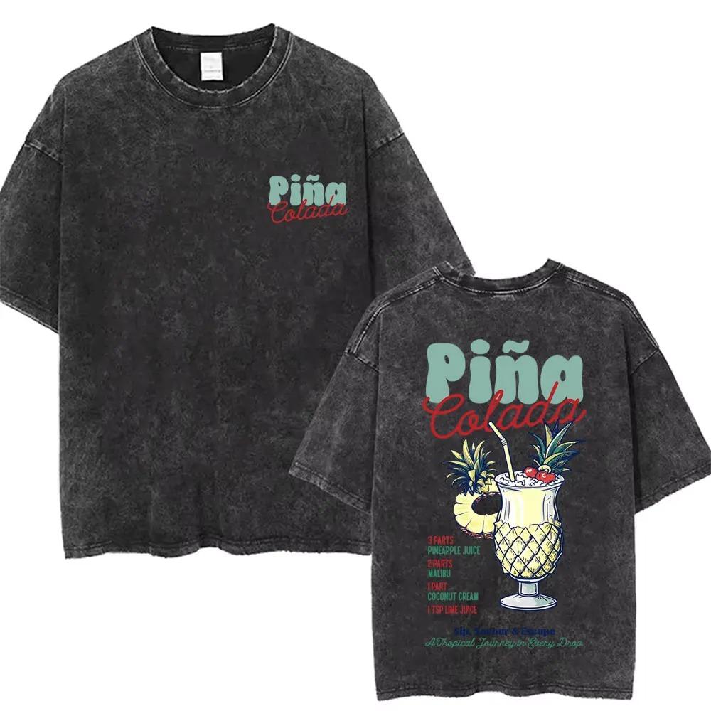 Oversized Acid-Wash Vintage Short-Sleeve T-Shirt Featuring Peach Ice Tea Retro Illustration Double-Sided Graphic Print
