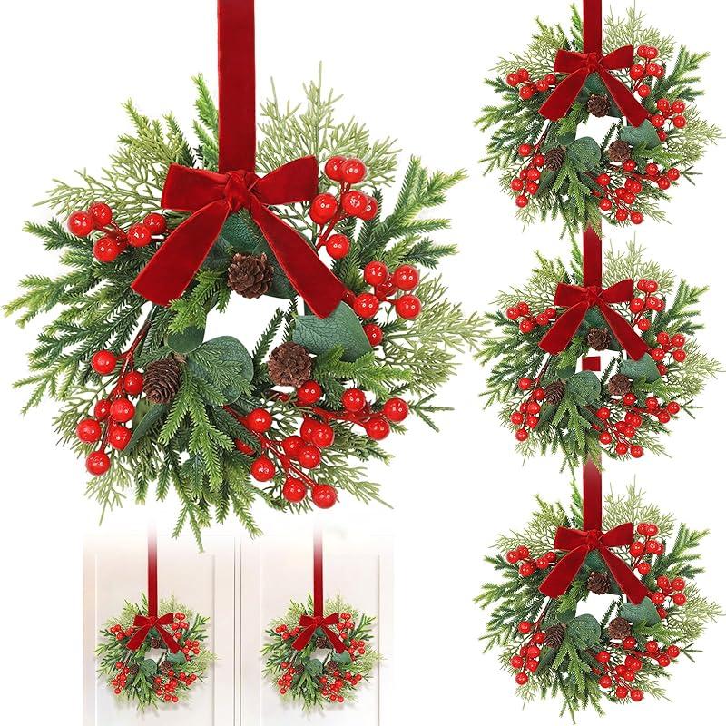 6 Pcs 11  Small Christmas Wreaths for Windows Kitchen Cabinets, Mini Christmas Wreath with Cedar Cypress Eucalyptus Leaf Pinecones Red Berried Bow 4