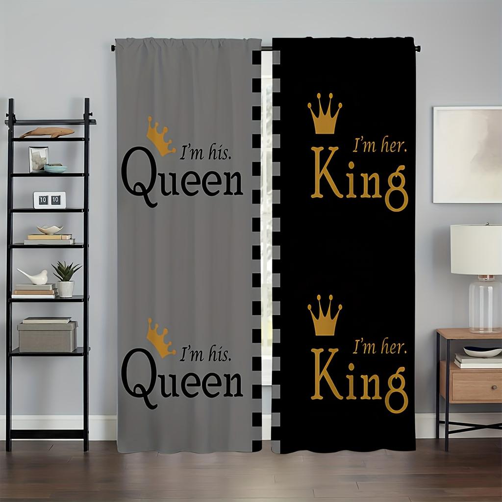 2 st Drottning- & Kungtryckta Gardiner - Grå & Svarta Polyester Kanalgardiner För Sovrum, Kontor & Vardagsrumsinredning