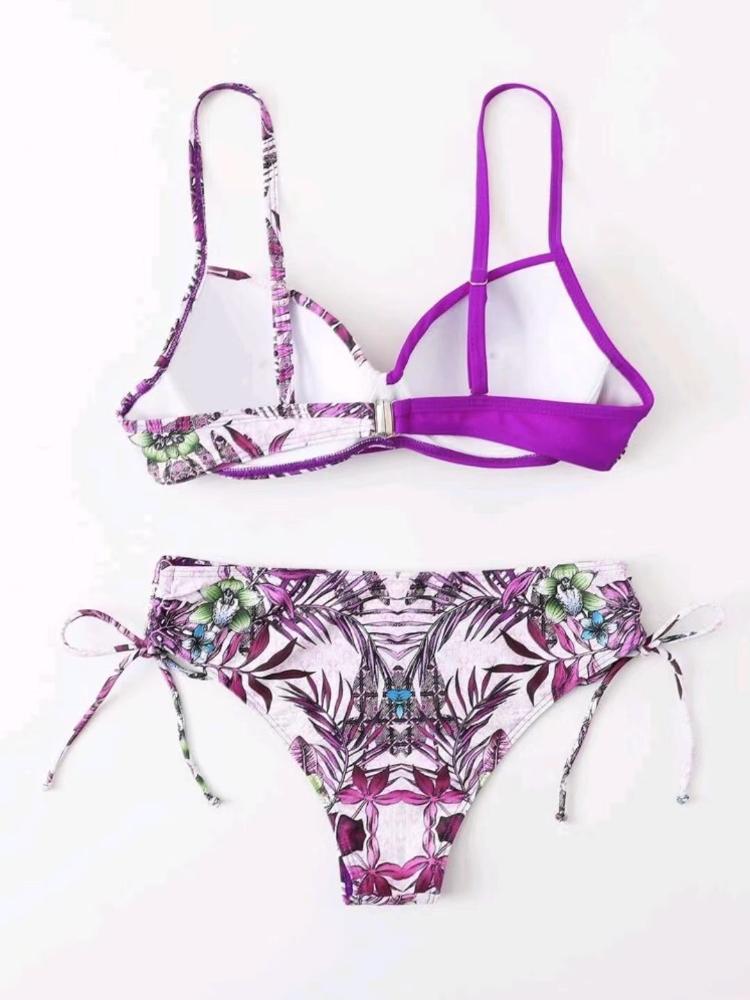 Printed Multicolor Drawstring Backless Swimsuit Beach Gathered Sexy Split Steel Bracket Hard Bag Bikini Set Girl