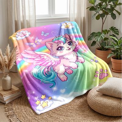Rainbow Kitty Fantasy Theme Blanket Lightweight Warm Flannel Blanket Decorative Throw Blanket for Home Decoration