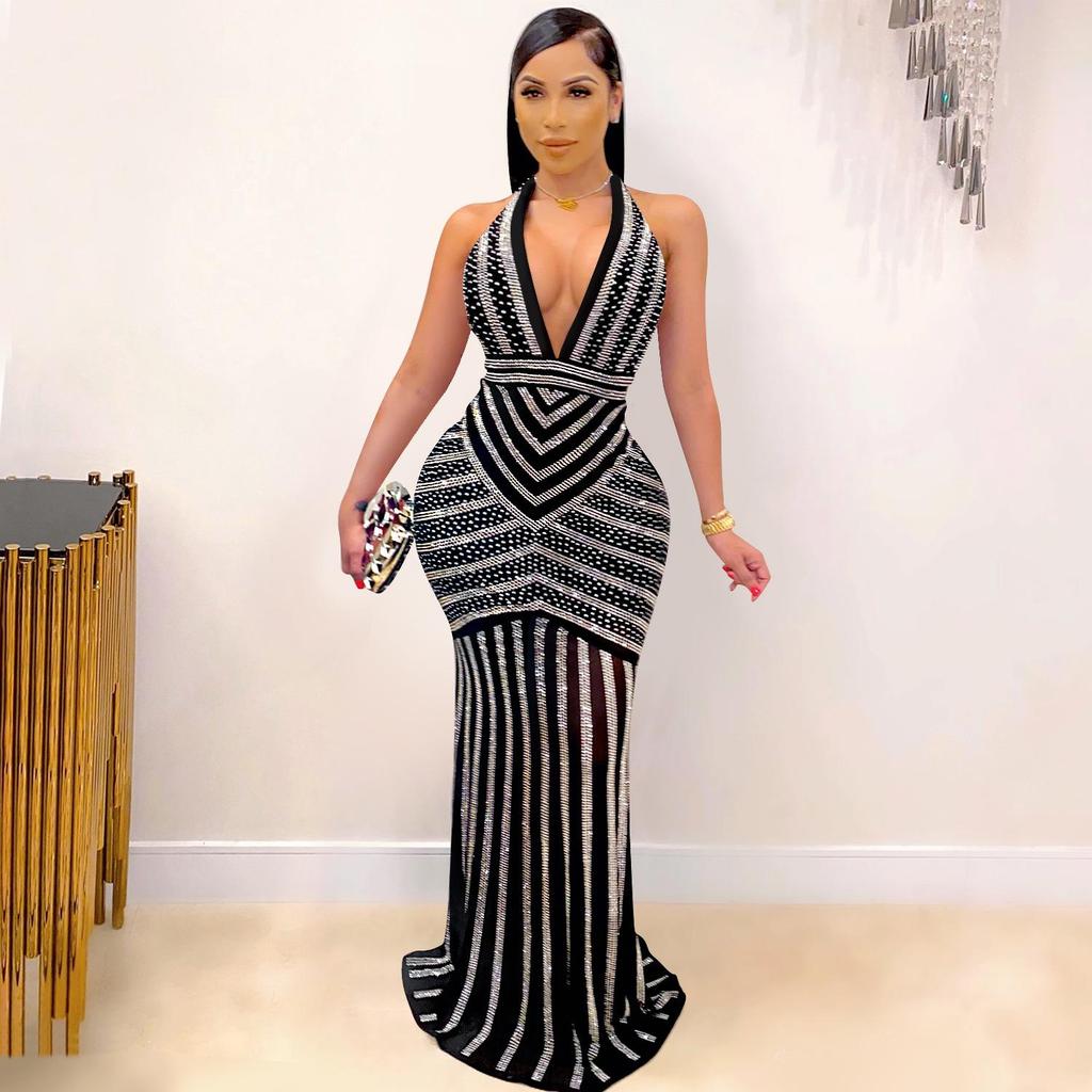 X3816 European Fashion Sexy Deep V Backless Rhinestone Long Nightclub Dress