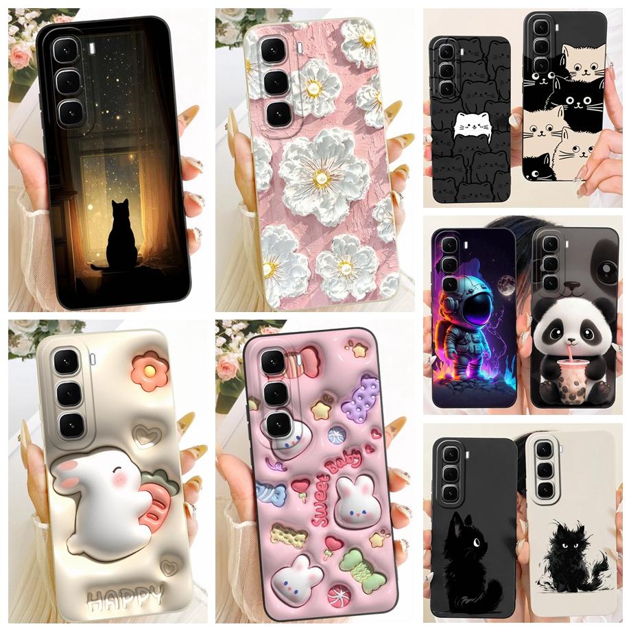 Phone Case For Infinix Hot 60 Pro 60i Black Cat Cartoon Dragon Animals Pattern Bumper For Hot 60 Pro+ Soft Liquid Silicone Cover