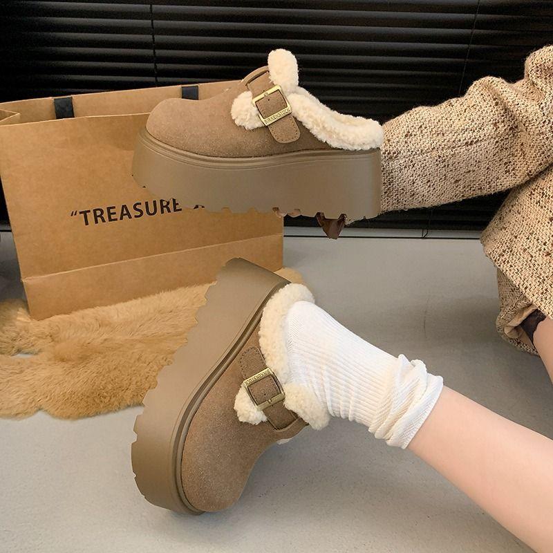 

Mao monsoon bag head half slippers fluffy thick bottom casual European plus heightening Birkenstock cotton slippers 40 хакі