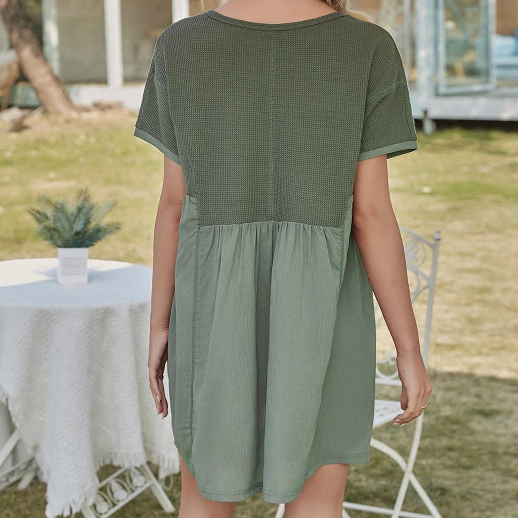 Women's Casual Minimalist Loose Fitting Dress Solid Color Patchwork Short  Sleeved A-line Dress Buy cheaply on Joom