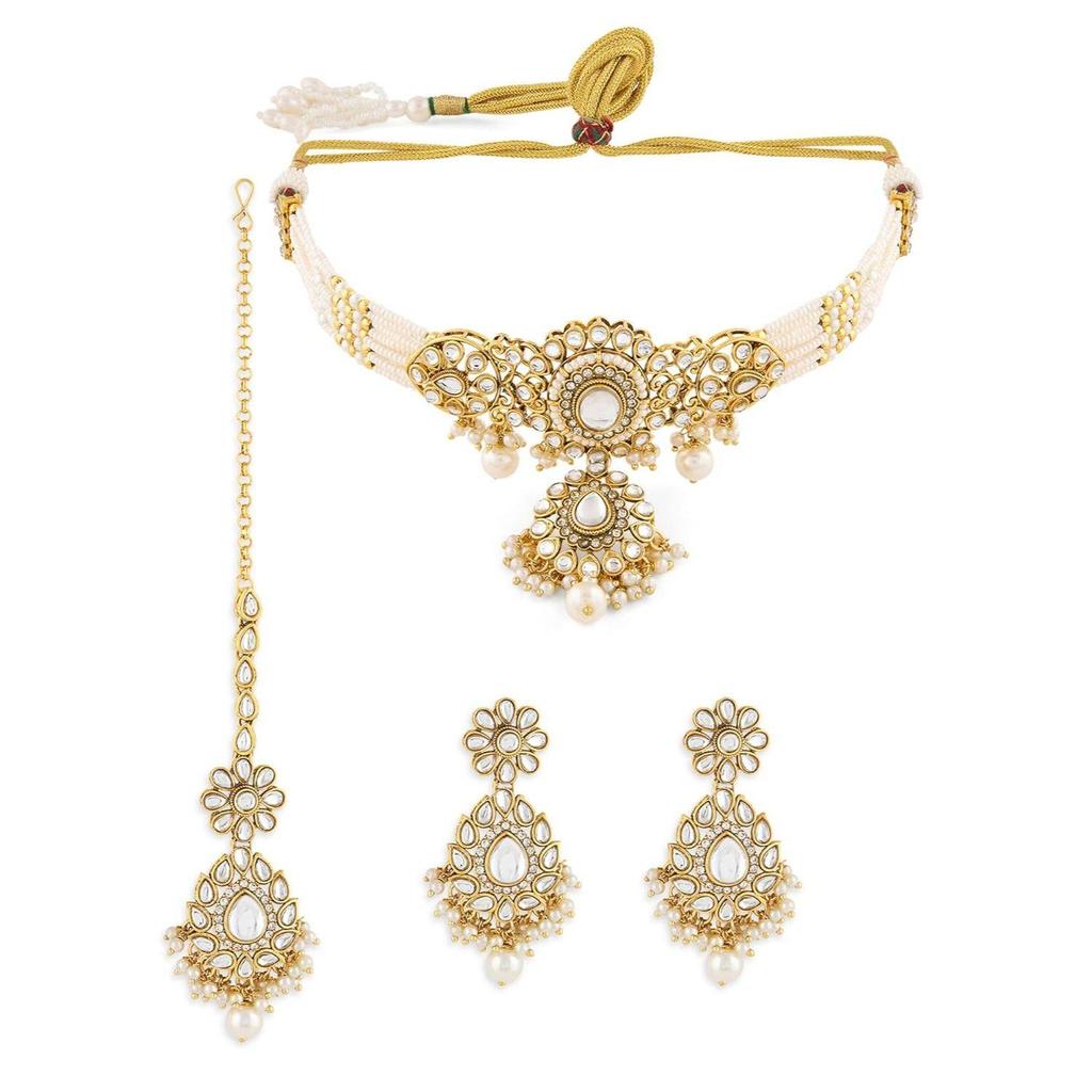 Tone Dazzling Kundan Multistrand Pearls Choker Necklace Earring & Maangtikka Set For Women